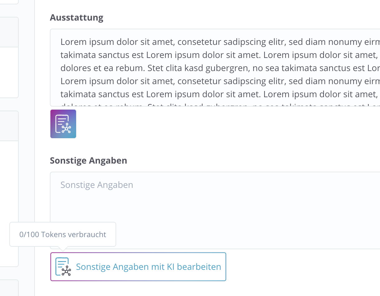 KI Funktion bei der Bearbeitung von Freitexten mit Token Anzeige